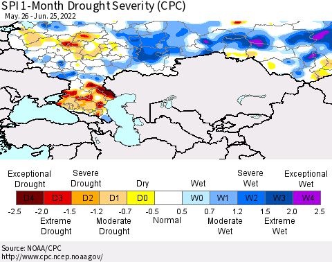 Russian Federation SPI 1-Month Drought Severity (CPC) Thematic Map For 5/26/2022 - 6/25/2022
