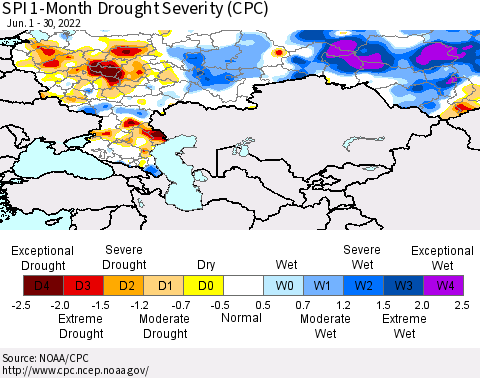 Russian Federation SPI 1-Month Drought Severity (CPC) Thematic Map For 6/1/2022 - 6/30/2022