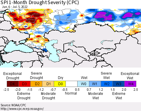 Russian Federation SPI 1-Month Drought Severity (CPC) Thematic Map For 6/6/2022 - 7/5/2022