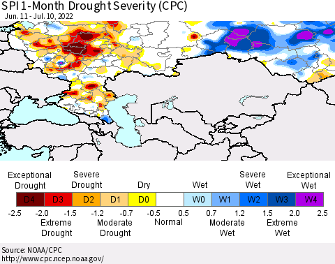 Russian Federation SPI 1-Month Drought Severity (CPC) Thematic Map For 6/11/2022 - 7/10/2022