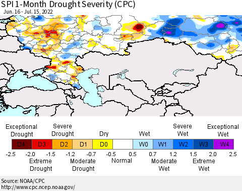 Russian Federation SPI 1-Month Drought Severity (CPC) Thematic Map For 6/16/2022 - 7/15/2022