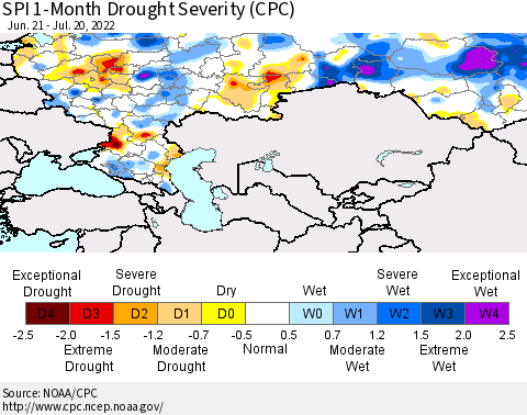 Russian Federation SPI 1-Month Drought Severity (CPC) Thematic Map For 6/21/2022 - 7/20/2022