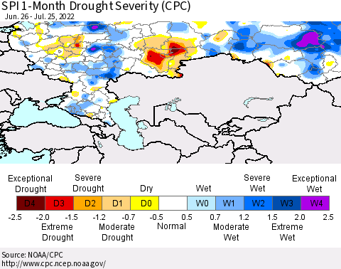 Russian Federation SPI 1-Month Drought Severity (CPC) Thematic Map For 6/26/2022 - 7/25/2022