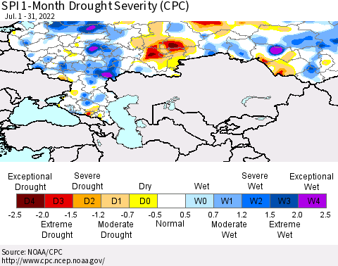 Russian Federation SPI 1-Month Drought Severity (CPC) Thematic Map For 7/1/2022 - 7/31/2022