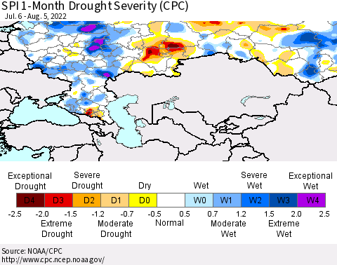 Russian Federation SPI 1-Month Drought Severity (CPC) Thematic Map For 7/6/2022 - 8/5/2022