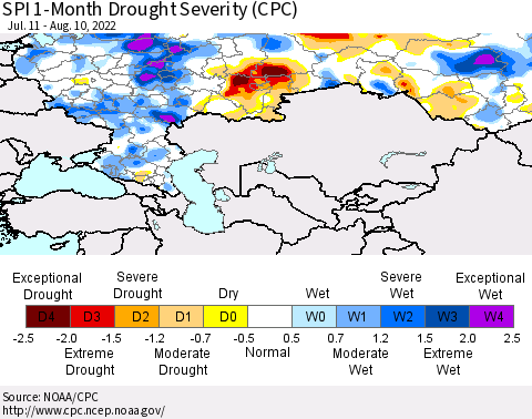 Russian Federation SPI 1-Month Drought Severity (CPC) Thematic Map For 7/11/2022 - 8/10/2022