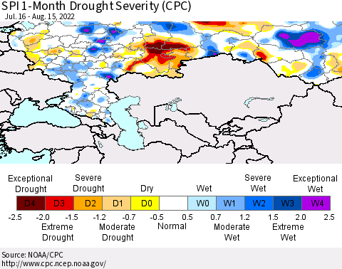 Russian Federation SPI 1-Month Drought Severity (CPC) Thematic Map For 7/16/2022 - 8/15/2022
