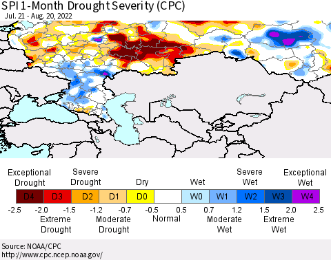 Russian Federation SPI 1-Month Drought Severity (CPC) Thematic Map For 7/21/2022 - 8/20/2022