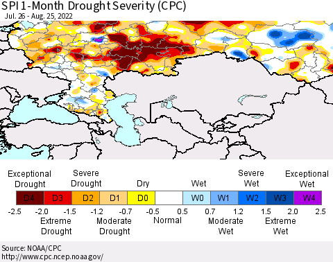 Russian Federation SPI 1-Month Drought Severity (CPC) Thematic Map For 7/26/2022 - 8/25/2022