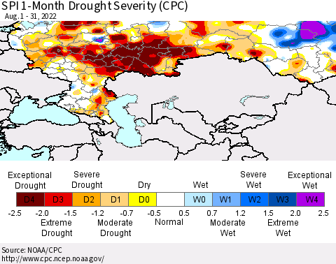 Russian Federation SPI 1-Month Drought Severity (CPC) Thematic Map For 8/1/2022 - 8/31/2022