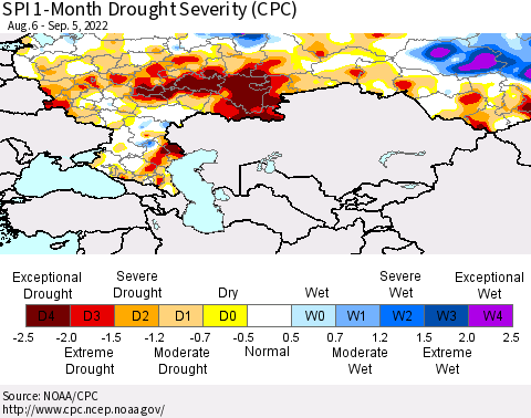 Russian Federation SPI 1-Month Drought Severity (CPC) Thematic Map For 8/6/2022 - 9/5/2022