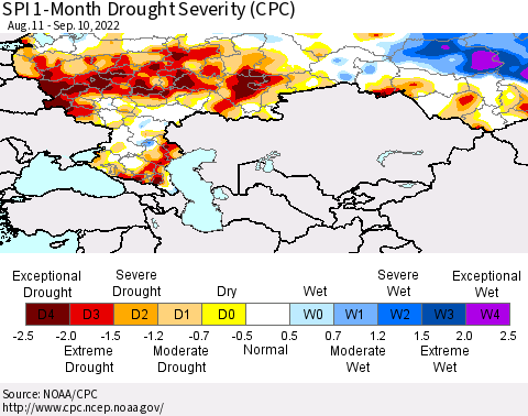 Russian Federation SPI 1-Month Drought Severity (CPC) Thematic Map For 8/11/2022 - 9/10/2022