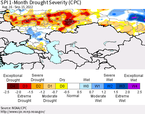 Russian Federation SPI 1-Month Drought Severity (CPC) Thematic Map For 8/16/2022 - 9/15/2022