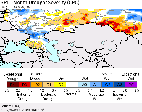Russian Federation SPI 1-Month Drought Severity (CPC) Thematic Map For 8/21/2022 - 9/20/2022