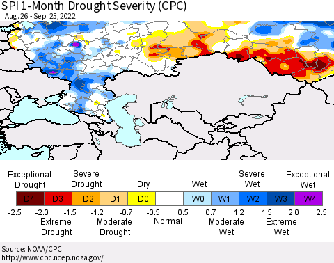 Russian Federation SPI 1-Month Drought Severity (CPC) Thematic Map For 8/26/2022 - 9/25/2022