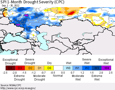 Russian Federation SPI 1-Month Drought Severity (CPC) Thematic Map For 9/1/2022 - 9/30/2022