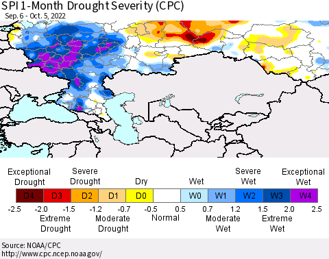 Russian Federation SPI 1-Month Drought Severity (CPC) Thematic Map For 9/6/2022 - 10/5/2022