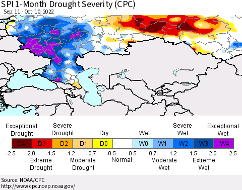 Russian Federation SPI 1-Month Drought Severity (CPC) Thematic Map For 9/11/2022 - 10/10/2022