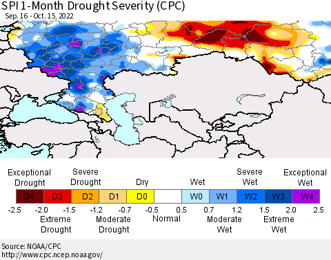 Russian Federation SPI 1-Month Drought Severity (CPC) Thematic Map For 9/16/2022 - 10/15/2022