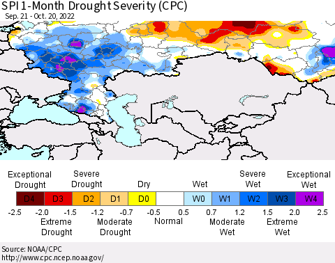 Russian Federation SPI 1-Month Drought Severity (CPC) Thematic Map For 9/21/2022 - 10/20/2022