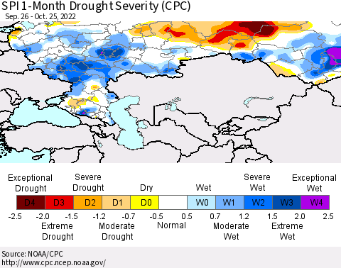 Russian Federation SPI 1-Month Drought Severity (CPC) Thematic Map For 9/26/2022 - 10/25/2022
