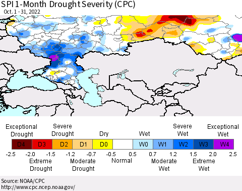 Russian Federation SPI 1-Month Drought Severity (CPC) Thematic Map For 10/1/2022 - 10/31/2022