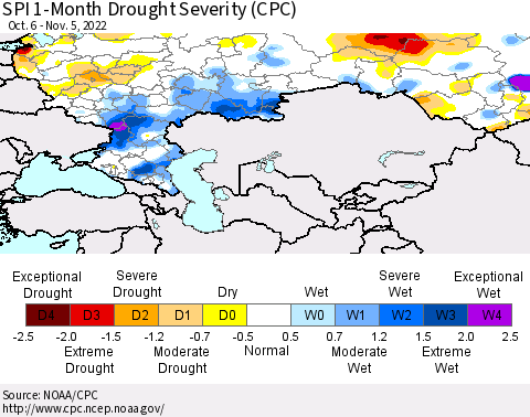 Russian Federation SPI 1-Month Drought Severity (CPC) Thematic Map For 10/6/2022 - 11/5/2022