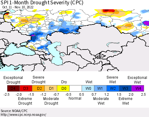 Russian Federation SPI 1-Month Drought Severity (CPC) Thematic Map For 10/11/2022 - 11/10/2022