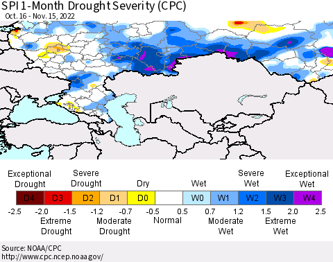 Russian Federation SPI 1-Month Drought Severity (CPC) Thematic Map For 10/16/2022 - 11/15/2022