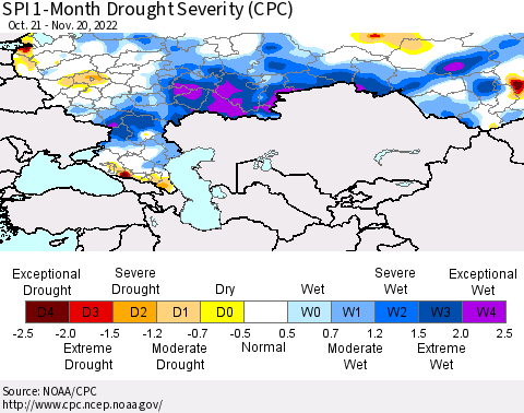 Russian Federation SPI 1-Month Drought Severity (CPC) Thematic Map For 10/21/2022 - 11/20/2022