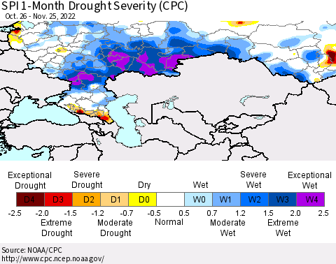 Russian Federation SPI 1-Month Drought Severity (CPC) Thematic Map For 10/26/2022 - 11/25/2022