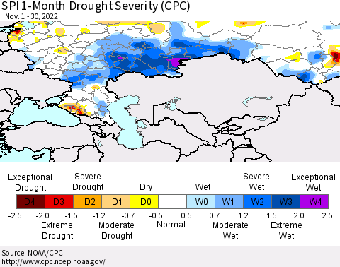 Russian Federation SPI 1-Month Drought Severity (CPC) Thematic Map For 11/1/2022 - 11/30/2022
