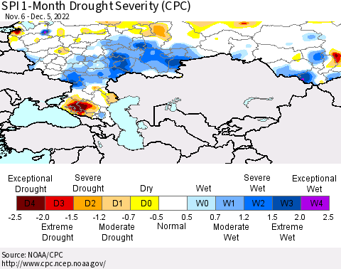 Russian Federation SPI 1-Month Drought Severity (CPC) Thematic Map For 11/6/2022 - 12/5/2022