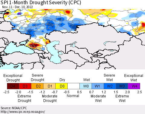 Russian Federation SPI 1-Month Drought Severity (CPC) Thematic Map For 11/11/2022 - 12/10/2022