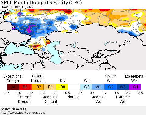 Russian Federation SPI 1-Month Drought Severity (CPC) Thematic Map For 11/16/2022 - 12/15/2022