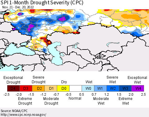 Russian Federation SPI 1-Month Drought Severity (CPC) Thematic Map For 11/21/2022 - 12/20/2022