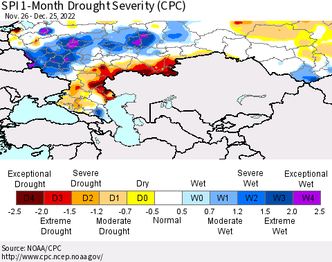 Russian Federation SPI 1-Month Drought Severity (CPC) Thematic Map For 11/26/2022 - 12/25/2022