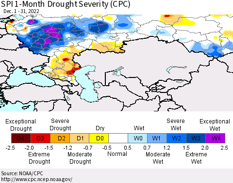 Russian Federation SPI 1-Month Drought Severity (CPC) Thematic Map For 12/1/2022 - 12/31/2022