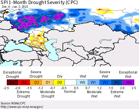 Russian Federation SPI 1-Month Drought Severity (CPC) Thematic Map For 12/6/2022 - 1/5/2023