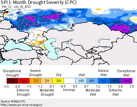 Russian Federation SPI 1-Month Drought Severity (CPC) Thematic Map For 12/11/2022 - 1/10/2023