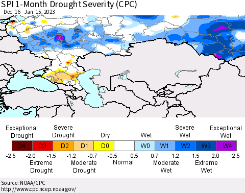 Russian Federation SPI 1-Month Drought Severity (CPC) Thematic Map For 12/16/2022 - 1/15/2023