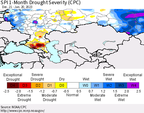 Russian Federation SPI 1-Month Drought Severity (CPC) Thematic Map For 12/21/2022 - 1/20/2023