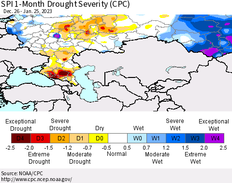 Russian Federation SPI 1-Month Drought Severity (CPC) Thematic Map For 12/26/2022 - 1/25/2023