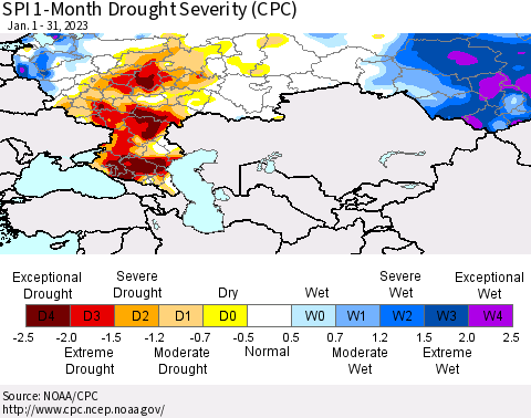 Russian Federation SPI 1-Month Drought Severity (CPC) Thematic Map For 1/1/2023 - 1/31/2023