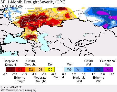 Russian Federation SPI 1-Month Drought Severity (CPC) Thematic Map For 1/6/2023 - 2/5/2023