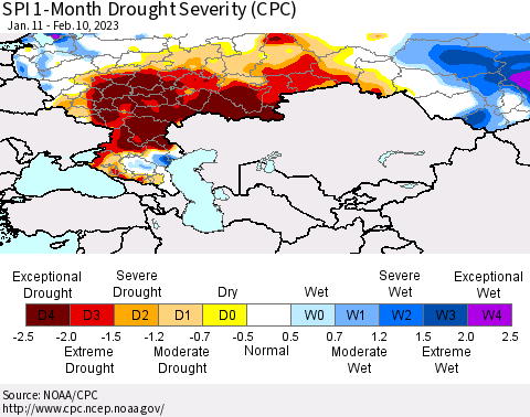 Russian Federation SPI 1-Month Drought Severity (CPC) Thematic Map For 1/11/2023 - 2/10/2023