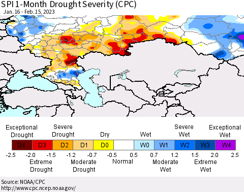 Russian Federation SPI 1-Month Drought Severity (CPC) Thematic Map For 1/16/2023 - 2/15/2023