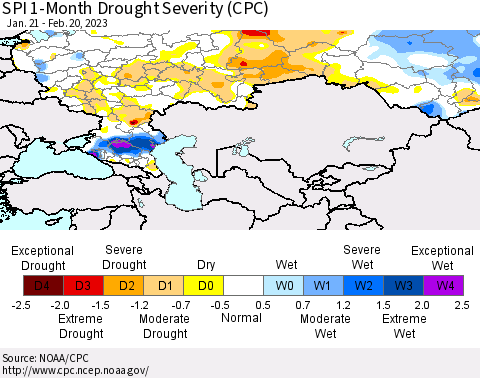 Russian Federation SPI 1-Month Drought Severity (CPC) Thematic Map For 1/21/2023 - 2/20/2023