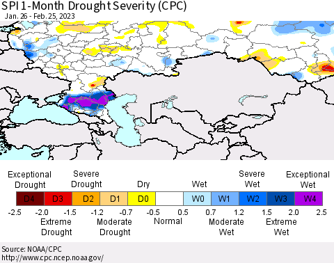 Russian Federation SPI 1-Month Drought Severity (CPC) Thematic Map For 1/26/2023 - 2/25/2023