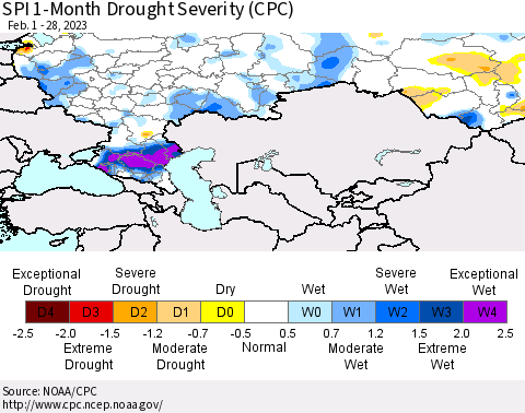 Russian Federation SPI 1-Month Drought Severity (CPC) Thematic Map For 2/1/2023 - 2/28/2023